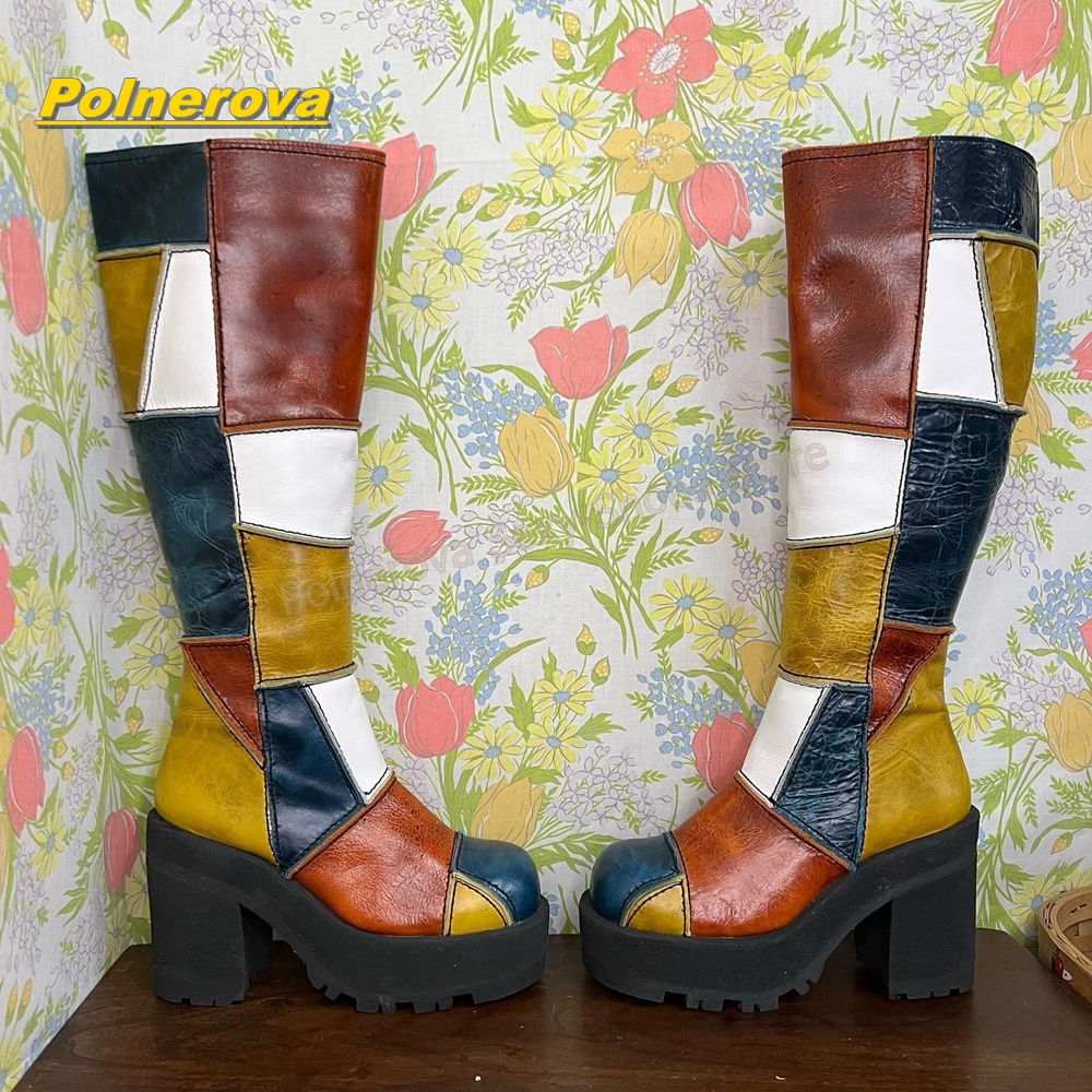Street Fashion Y2K - Women Retro Patchwork Leather Knee High