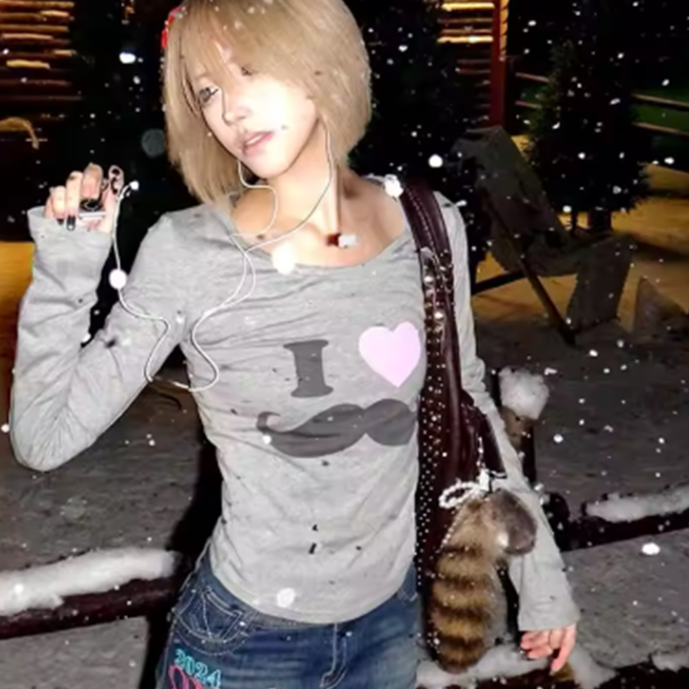 Street Fashion Mood - Japanese Y2K Beard Print T-Shirt Vintage