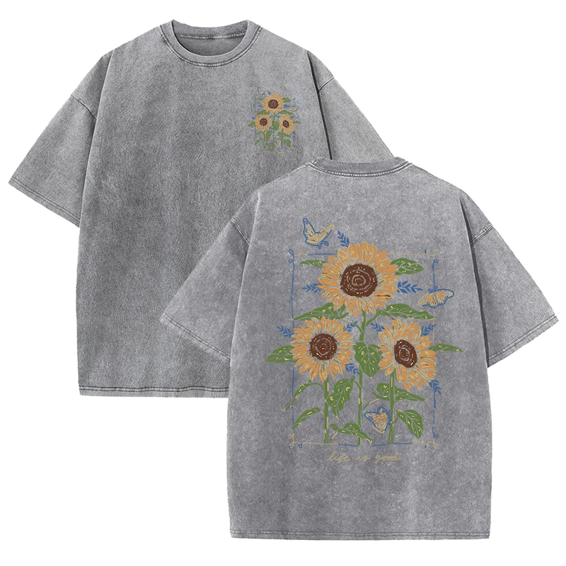 sunflower print washed T-shirt - Street Fashion Shanghai 评论和价格