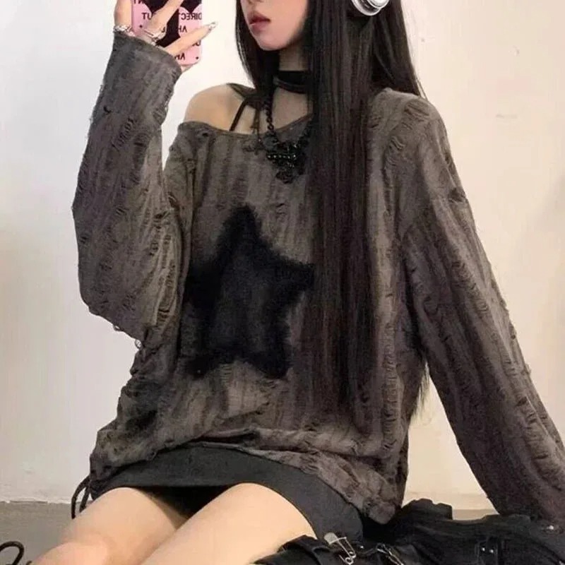 Y2K Hole Star Print T-Shirt Wo - Street Fashion Kpop 评论和价格