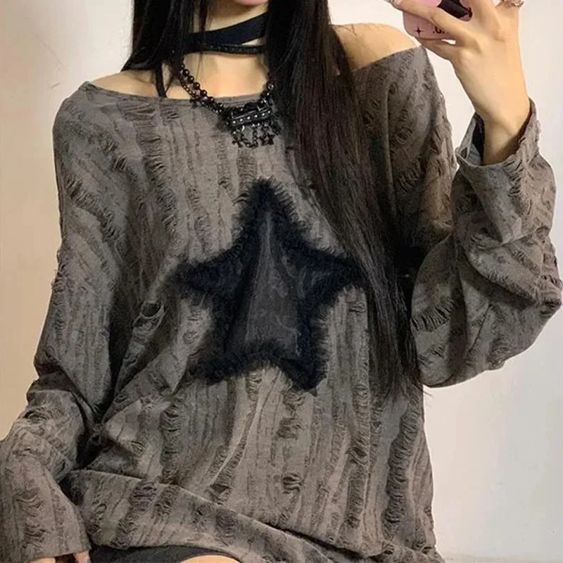 Y2K Hole Star Print T-Shirt Wo - Street Fashion Kpop 评论和价格