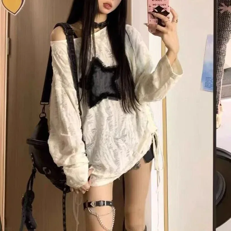 Y2K Hole Star Print T-Shirt Wo - Street Fashion Kpop 评论和价格